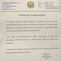 Letter of Appreciation received from Sub Collector of Hosur